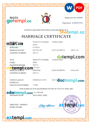 editable template, Malta marriage certificate Word and PDF template, completely editable