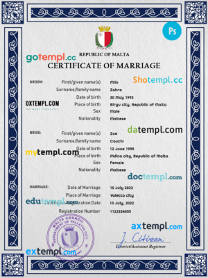 editable template, Malta marriage certificate PSD template, fully editable