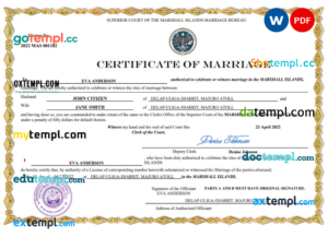 editable template, Marshall Islands marriage certificate Word and PDF template, fully editable