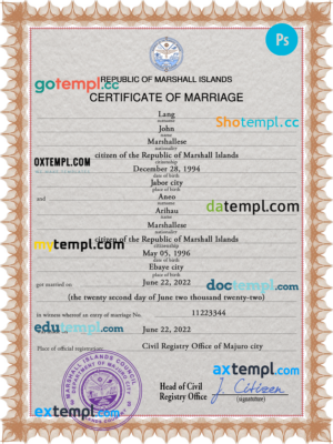 editable template, Marshall Islands marriage certificate PSD template, completely editable