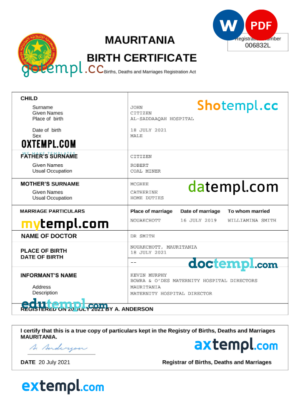 editable template, Mauritania birth certificate Word and PDF template, completely editable