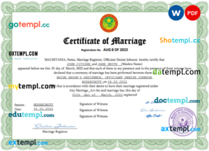 editable template, Mauritania marriage certificate Word and PDF template, completely editable