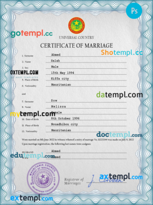 editable template, Mauritania marriage certificate PSD template, fully editable