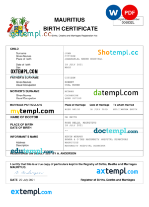 editable template, Mauritius vital record birth certificate Word and PDF template, completely editable