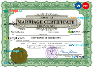 editable template, Mauritius marriage certificate Word and PDF template, fully editable