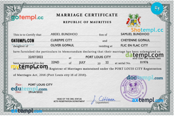 editable template, Mauritius marriage certificate PSD template, completely editable
