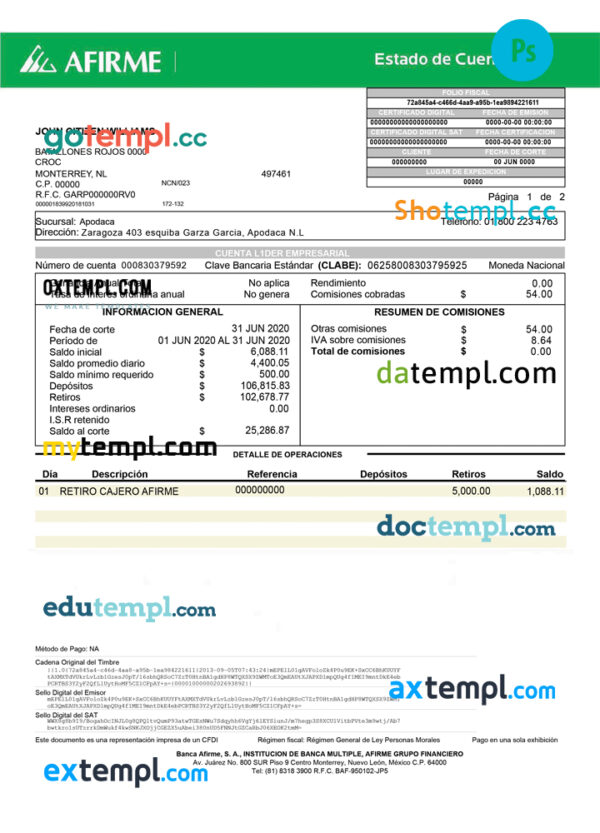 editable template, Mexico Afirme bank account statement PSD template, fully editable