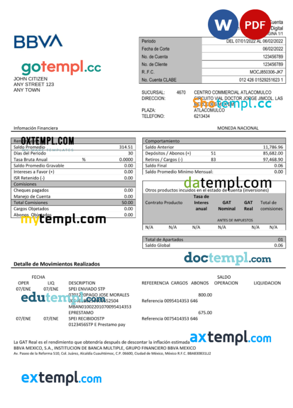 editable template, Mexico BBVA bank statement Word and PDF template, fully editable