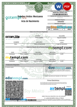 editable template, Mexico birth certificate Word and PDF template, version 2