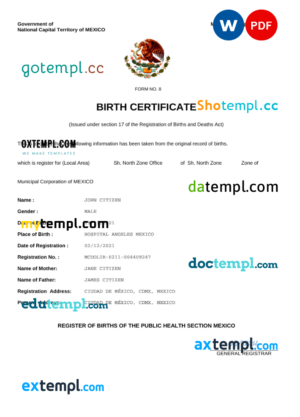 editable template, Mexico birth certificate Word and PDF template, fully editable
