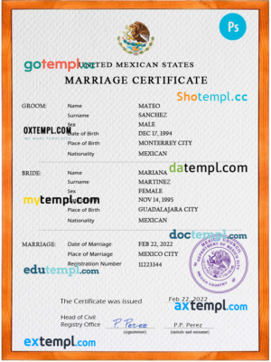 editable template, Mexico marriage certificate PSD template, fully editable