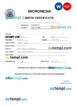 editable template, Micronesia vital record birth certificate Word and PDF template, completely editable