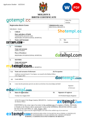 editable template, Moldova birth certificate Word and PDF template, completely editable
