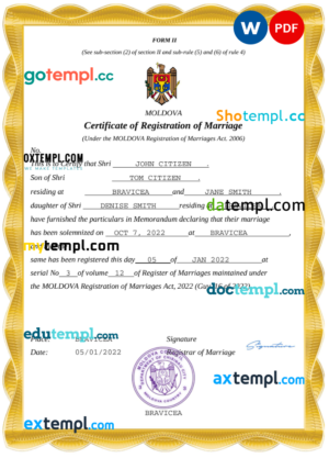 editable template, Moldova marriage certificate Word and PDF template, completely editable