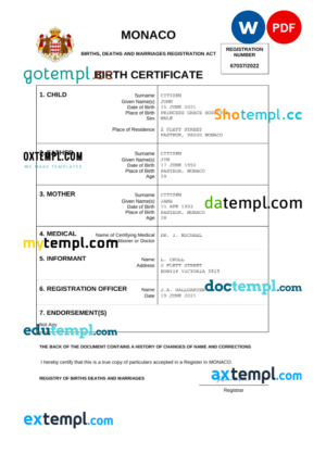 editable template, Monaco vital record birth certificate Word and PDF template, completely editable