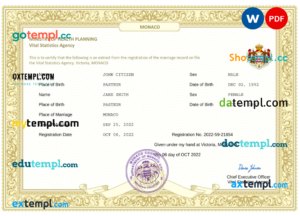 editable template, Monaco marriage certificate Word and PDF template, fully editable