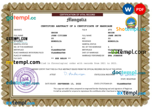 editable template, Mongolia marriage certificate Word and PDF template, completely editable