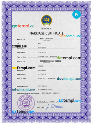 editable template, Mongolia marriage certificate PSD template, fully editable