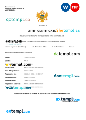 editable template, Montenegro birth certificate Word and PDF template, completely editable
