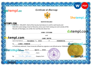 editable template, Montenegro marriage certificate Word and PDF template, fully editable