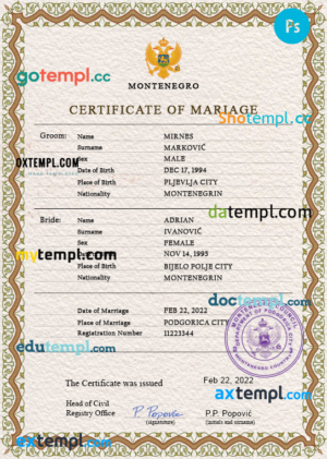 editable template, Montenegro marriage certificate PSD template, completely editable