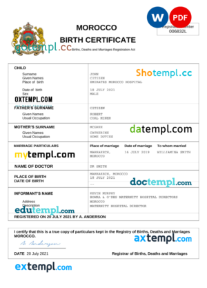 editable template, Morocco vital record birth certificate Word and PDF template, completely editable