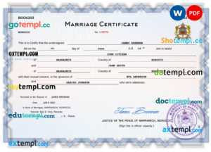 editable template, Morocco marriage certificate Word and PDF template, completely editable