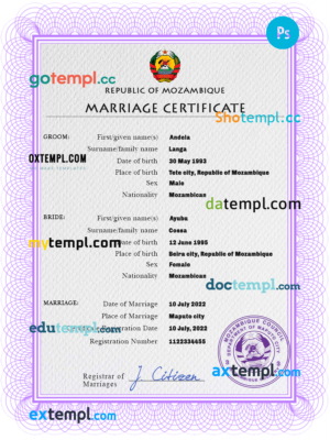 editable template, Mozambique marriage certificate PSD template, completely editable