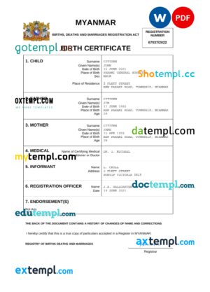 editable template, Myanmar vital record birth certificate Word and PDF template, completely editable