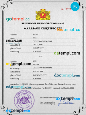 editable template, Myanmar marriage certificate PSD template, fully editable