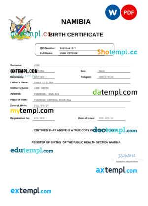 editable template, Namibia birth certificate Word and PDF template, completely editable