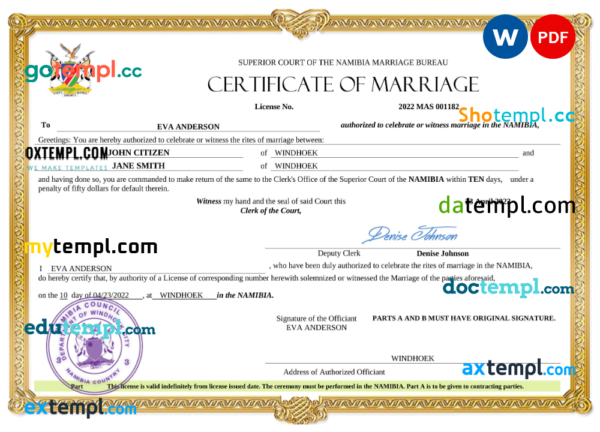 editable template, Namibia marriage certificate Word and PDF template, fully editable