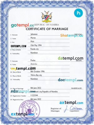 editable template, Namibia marriage certificate PSD template, completely editable