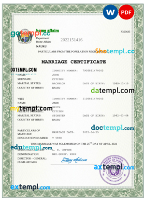 editable template, Nauru marriage certificate Word and PDF template, completely editable