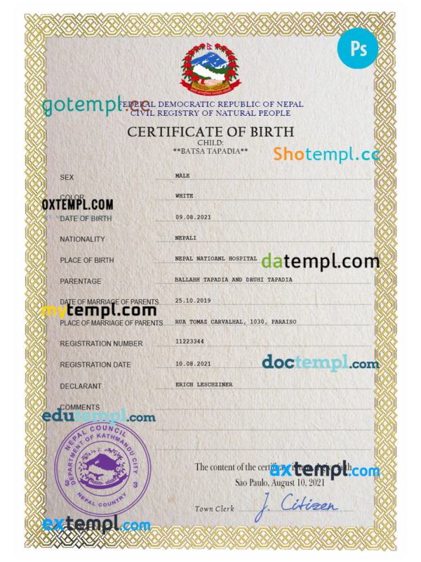 editable template, Nepal vital record birth certificate PSD template