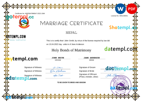 editable template, Nepal marriage certificate Word and PDF template, fully editable
