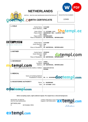 editable template, Netherlands vital record birth certificate Word and PDF template, completely editable