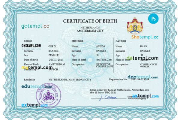 editable template, Netherlands vital record birth certificate PSD template, fully editable
