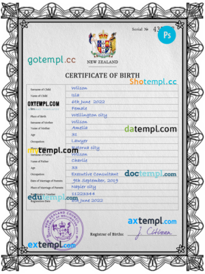 editable template, New Zealand birth certificate PSD template, completely editable