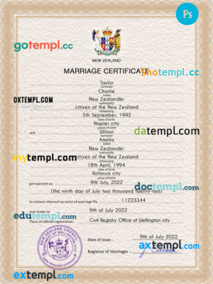 editable template, New Zealand marriage certificate PSD template, completely editable
