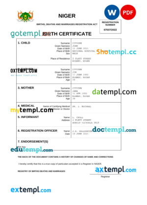 editable template, Niger birth certificate Word and PDF template, completely editable