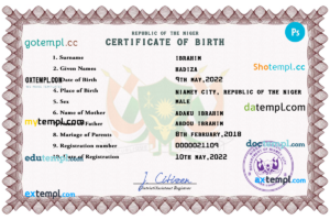 editable template, Niger vital record birth certificate PSD template