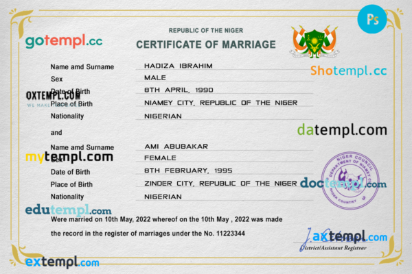 editable template, Niger marriage certificate PSD template, completely editable
