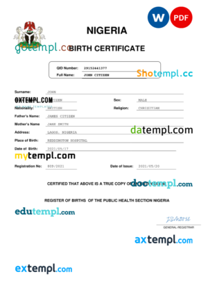 editable template, Nigeria vital record birth certificate Word and PDF template, completely editable