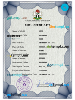 editable template, Nigeria vital record birth certificate PSD template, fully editable