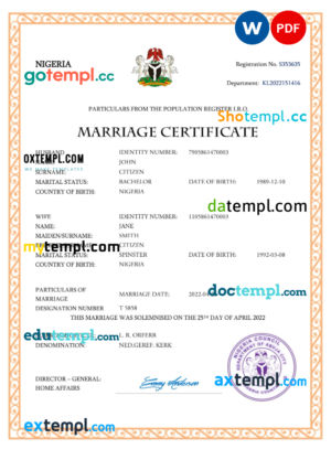 editable template, Nigeria marriage certificate Word and PDF template, completely editable