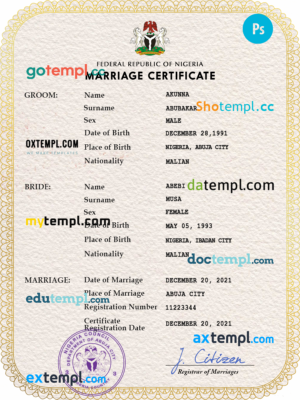 editable template, Nigeria marriage certificate PSD template, fully editable