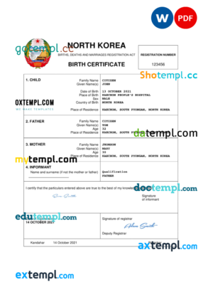 editable template, North Korea birth certificate Word and PDF template, completely editable