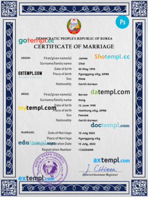 editable template, North Korea marriage certificate PSD template, completely editable