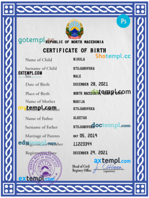 editable template, North Macedonia vital record birth certificate PSD template